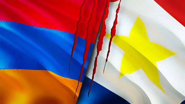 亚美尼亚和萨巴岛具有疤痕概念的旗帜 飘扬的旗帜 3D渲染 亚美尼亚和萨巴岛冲突概念 亚美尼亚萨巴岛关系概念 亚美尼亚和萨巴岛的国旗 — 图库照片