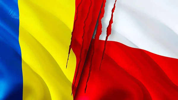 Romania and Poland flags with scar concept. Waving flag,3D rendering. Romania and Poland conflict concept. Romania Poland relations concept. flag of Romania and Poland crisis,war, attack concep