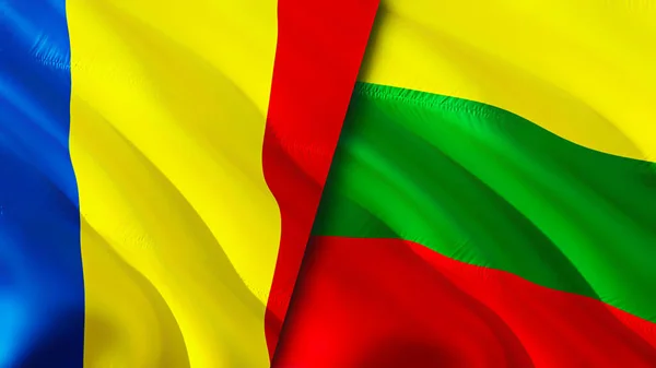 Romania and Lithuania flags. 3D Waving flag design. Romania Lithuania flag, picture, wallpaper. Romania vs Lithuania image,3D rendering. Romania Lithuania relations alliance and Trade,travel,touris