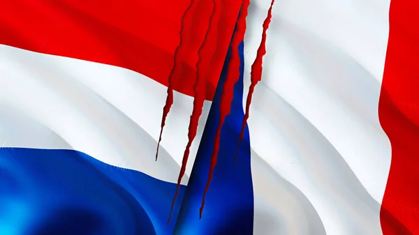 オランダとフランスは傷の概念でフラグを立てます 旗を振って3Dレンダリング オランダとフランスの対立概念 オランダ フランス関係の概念 オランダとフランスの危機戦争 — ストック写真