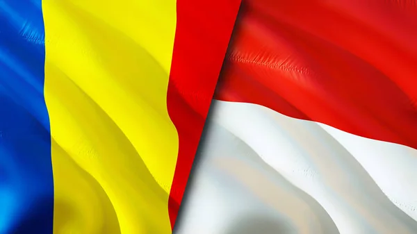 Romania and Indonesia flags. 3D Waving flag design. Romania Indonesia flag, picture, wallpaper. Romania vs Indonesia image,3D rendering. Romania Indonesia relations alliance and Trade,travel,touris