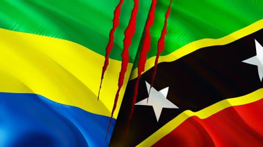 Gabon and Saint Kitts and Nevis flags with scar concept. Waving flag,3D rendering. Gabon and Saint Kitts and Nevis conflict concept. Gabon Saint Kitts and Nevis relations concept. flag of Gabon an