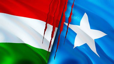 Hungary and Somalia flags with scar concept. Waving flag,3D rendering. Hungary and Somalia conflict concept. Hungary Somalia relations concept. flag of Hungary and Somalia crisis,war, attack concep