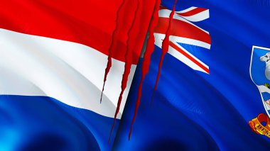 Netherlands and Falkland Islands flags with scar concept. Waving flag,3D rendering. Netherlands and Falkland Islands conflict concept. Netherlands Falkland Islands relations concept. flag o