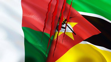 Madagascar and Mozambique flags with scar concept. Waving flag,3D rendering. Madagascar and Mozambique conflict concept. Madagascar Mozambique relations concept. flag of Madagascar and Mozambiqu