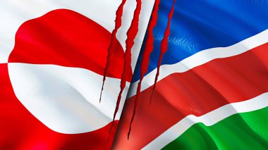Greenland and Namibia flags with scar concept. Waving flag,3D rendering. Greenland and Namibia conflict concept. Greenland Namibia relations concept. flag of Greenland and Namibia crisis,war, attac
