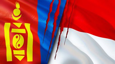 Mongolia and Monaco flags with scar concept. Waving flag,3D rendering. Mongolia and Monaco conflict concept. Mongolia Monaco relations concept. flag of Mongolia and Monaco crisis,war, attack concep