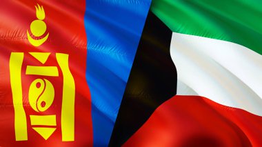 Mongolia and Kuwait flags. 3D Waving flag design. Mongolia Kuwait flag, picture, wallpaper. Mongolia vs Kuwait image,3D rendering. Mongolia Kuwait relations alliance and Trade,travel,tourism concep