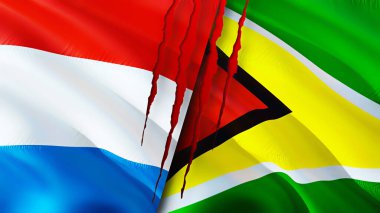 Luxembourg and Guyana flags with scar concept. Waving flag,3D rendering. Luxembourg and Guyana conflict concept. Luxembourg Guyana relations concept. flag of Luxembourg and Guyana crisis,war, attac