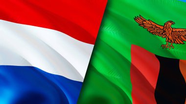 Netherlands and Zambia flags. 3D Waving flag design. Netherlands Zambia flag, picture, wallpaper. Netherlands vs Zambia image,3D rendering. Netherlands Zambia relations alliance an