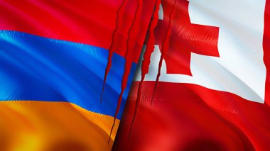 Armenia and Tonga flags with scar concept. Waving flag,3D rendering. Armenia and Tonga conflict concept. Armenia Tonga relations concept. flag of Armenia and Tonga crisis,war, attack concep