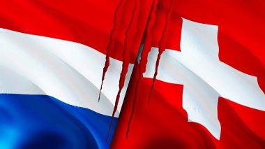 Netherlands and Switzerland flags with scar concept. Waving flag,3D rendering. Netherlands and Switzerland conflict concept. Netherlands Switzerland relations concept. flag of Netherlands an