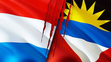 Luxembourg and Antigua and Barbuda flags with scar concept. Waving flag,3D rendering. Luxembourg and Antigua and Barbuda conflict concept. Luxembourg Antigua and Barbuda relations concept. flag o