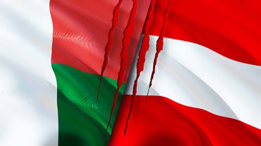 Madagascar and Austria flags with scar concept. Waving flag,3D rendering. Madagascar and Austria conflict concept. Madagascar Austria relations concept. flag of Madagascar and Austria crisis,war