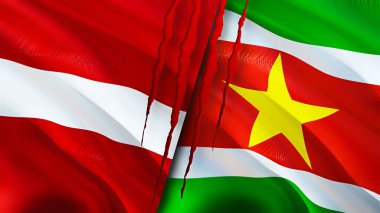 Latvia and Suriname flags with scar concept. Waving flag,3D rendering. Latvia and Suriname conflict concept. Latvia Suriname relations concept. flag of Latvia and Suriname crisis,war, attack concep