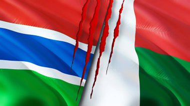 Gambia and Madagascar flags with scar concept. Waving flag,3D rendering. Gambia and Madagascar conflict concept. Gambia Madagascar relations concept. flag of Gambia and Madagascar crisis,war, attac