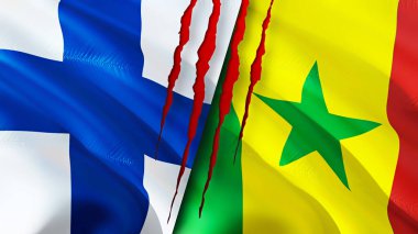 Finland and Senegal flags with scar concept. Waving flag,3D rendering. Finland and Senegal conflict concept. Finland Senegal relations concept. flag of Finland and Senegal crisis,war, attack concep