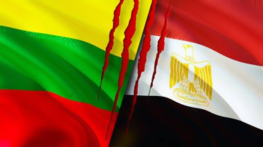 Lithuania and Egypt flags with scar concept. Waving flag,3D rendering. Lithuania and Egypt conflict concept. Lithuania Egypt relations concept. flag of Lithuania and Egypt crisis,war, attack concep