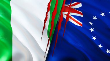 Nigeria and Cook Islands flags with scar concept. Waving flag,3D rendering. Nigeria and Cook Islands conflict concept. Nigeria Cook Islands relations concept. flag of Nigeria and Cook Island
