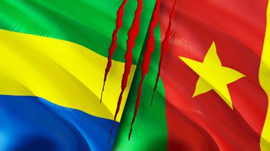 Gabon and Cameroon flags with scar concept. Waving flag,3D rendering. Gabon and Cameroon conflict concept. Gabon Cameroon relations concept. flag of Gabon and Cameroon crisis,war, attack concep