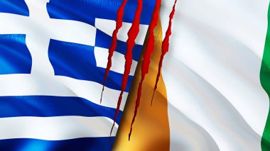 Greece and Cote d'Ivoire flags with scar concept. Waving flag,3D rendering. Greece and Cote d'Ivoire conflict concept. Greece Cote d'Ivoire relations concept. flag of Greece and Cote d'Ivoir