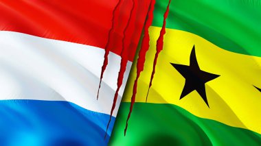 Luxembourg and Sao Tome and Principe flags with scar concept. Waving flag,3D rendering. Luxembourg and Sao Tome and Principe conflict concept. Luxembourg Sao Tome and Principe relations concept