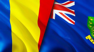 Romania and British Virgin Islands flags. 3D Waving flag design. Romania British Virgin Islands flag, picture, wallpaper. Romania vs British Virgin Islands image,3D rendering. Romania British Virgi