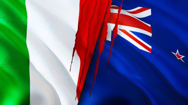 Italy and New Zealand flags with scar concept. Waving flag,3D rendering. Italy and New Zealand conflict concept. Italy New Zealand relations concept. flag of Italy and New Zealand crisis,war, attac