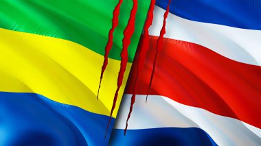 Gabon ve Kosta Rika bayraklarında yara izi var. Dalgalanan bayrak, 3 boyutlu görüntüleme. Gabon ve Kosta Rika çatışma konsepti. Gabon Costa Rica ilişkileri kavramı. Gabon ve Kosta Rika bayrağı krizi, savaş, attac