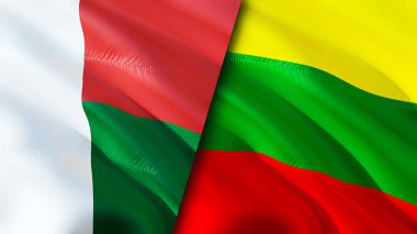 Madagaskar ve Litvanya bayrakları. 3 boyutlu dalgalanan bayrak tasarımı. Madagaskar Litvanya bayrağı, resim, duvar kağıdı. Madagaskar, Litvanya imajına karşı, 3 boyutlu canlandırma. Madagaskar Litvanya ilişkileri