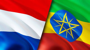 Hollanda ve Etiyopya bayrakları. 3 boyutlu dalgalanan bayrak tasarımı. Hollanda Etiyopya bayrağı, resim, duvar kağıdı. Hollanda Etiyopya 'ya karşı 3 boyutlu görüntü. Hollanda Etiyopya ilişkileri ittifakı