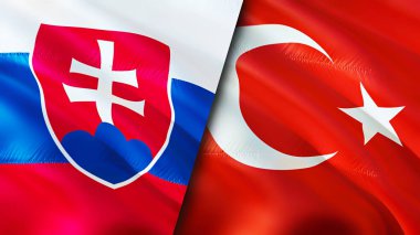 Slovakya ve hindi bayrakları. 3 boyutlu dalgalanan bayrak tasarımı. Slovakya hindi bayrağı, resim, duvar kağıdı. Slovakya, Türkiye 'ye karşı, görüntü 3D. Slovakya Türkiye ilişkileri ittifak ve ticaret, seyahat, turizm konsepti