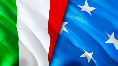 İtalya ve Mikronezya bayrakları. 3 boyutlu dalgalanan bayrak tasarımı. İtalya Mikronezya bayrağı, resim, duvar kağıdı. İtalya, Mikronezya 'ya karşı, görüntü 3 boyutlu. İtalya Mikronezya ilişkileri ittifak ve ticaret, seyahat, turnuva
