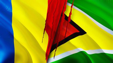 Romanya ve Guyana yara izi kavramına sahip bayraklar. Dalgalanan bayrak, 3 boyutlu görüntüleme. Romanya ve Guyana çatışma konsepti. Romanya Guyana ilişkileri kavramı. Romanya bayrağı ve Guyana krizi, savaş, saldırı konsepti