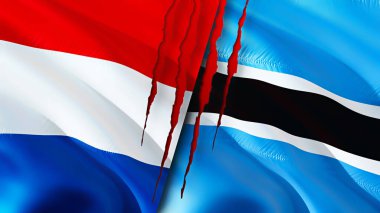Hollanda ve Botswana bayraklarında yara izi var. Dalgalanan bayrak, 3 boyutlu görüntüleme. Hollanda ve Botswana çatışma konsepti. Hollanda Botsvana ilişkileri kavramı. Hollanda ve Botswan bayrağı