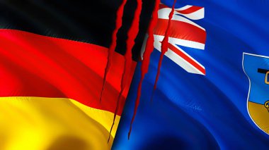 Almanya ve Montserrat bayraklarında yara izi var. Dalgalanan bayrak, 3 boyutlu görüntüleme. Almanya ve Montserrat çatışma konsepti. Almanya Montserrat ilişkileri kavramı. Almanya bayrağı ve Montserrat krizi, savaş