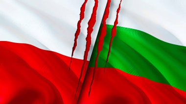 Polonya ve Bulgaristan yara izi kavramına sahip bayraklar. Dalgalanan bayrak, 3 boyutlu görüntüleme. Polonya ve Bulgaristan ihtilaf kavramı. Polonya Bulgaristan ilişkileri kavramı. Polonya ve Bulgaristan 'ın bayrağı kriz, savaş, saldırı konsepti