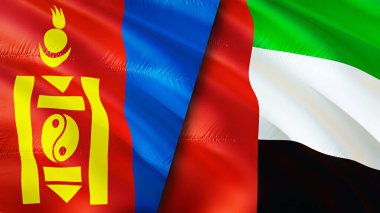 Moğolistan ve Birleşik Arap Emirlikleri bayrakları. 3 boyutlu dalgalanan bayrak tasarımı. Moğolistan Birleşik Arap Emirlikleri bayrağı, resim, duvar kağıdı. Moğolistan Birleşik Arap Emirlikleri 'ne karşı, görüntü 3 boyutlu. Moğolistan Birleşik Ara