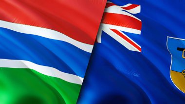 Gambiya ve Montserrat bayrakları. 3 boyutlu dalgalanan bayrak tasarımı. Gambia Montserrat bayrağı, resim, duvar kağıdı. Gambiya Montserrat 'a karşı, görüntü 3 boyutlu. Gambiya Montserrat ilişkileri ittifak ve ticaret, seyahat, turnuva