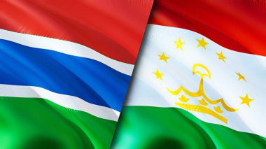 Gambiya ve Tacikistan bayrakları. 3 boyutlu dalgalanan bayrak tasarımı. Gambiya Tacikistan bayrağı, resim, duvar kağıdı. Gambiya Tacikistan 'a karşı, görüntü 3 boyutlu. Gambiya Tacikistan ilişkileri ittifak ve ticaret, seyahat, turnuva