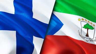 Finlandiya ve Ekvator Ginesi bayrakları. 3 boyutlu dalgalanan bayrak tasarımı. Finlandiya Ekvator Ginesi bayrağı, resim, duvar kağıdı. Finlandiya, Ekvator Ginesi 'ne karşı, görüntü 3D. Finlandiya Ekvator Ginesi İlişkisi