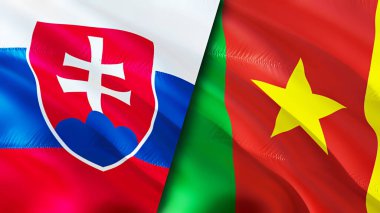 Slovakya ve Kamerun bayrakları. 3 boyutlu dalgalanan bayrak tasarımı. Slovakya Kamerun bayrağı, resim, duvar kağıdı. Slovakya, Kamerun görüntüsüne karşı, 3D görüntüleme. Slovakya Kamerun ilişkileri ittifak ve ticaret, seyahat, turnuva
