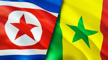 Kuzey Kore ve Senegal bayrakları. 3 boyutlu dalgalanan bayrak tasarımı. Kuzey Kore Senegal bayrağı, resim, duvar kağıdı. Kuzey Kore, Senegal imajına karşı, 3D görüntüleme. Kuzey Kore Senegal ilişkileri