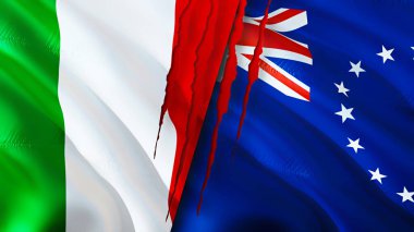 İtalya ve Cook Adaları yara izi olan bayraklar. Dalgalanan bayrak, 3 boyutlu görüntüleme. İtalya ve Cook Adaları çatışma konsepti. İtalya Cook Adaları ilişkileri kavramı. İtalya ve Cook Adaları bayrağı krizi, savaş