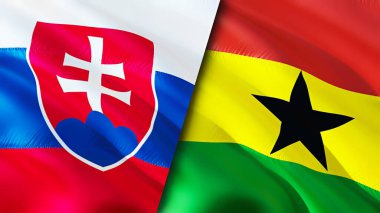 Slovakya ve Gana bayrakları. 3 boyutlu dalgalanan bayrak tasarımı. Slovakya Gana bayrağı, resim, duvar kağıdı. Slovakya, Gana imajına karşı, 3D görüntüleme. Slovakya Gana ilişkileri ittifak ve ticaret, seyahat, turizm konsepti