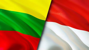 Litvanya ve Endonezya bayrakları. 3 boyutlu dalgalanan bayrak tasarımı. Litvanya Endonezya bayrağı, resim, duvar kağıdı. Litvanya, Endonezya 'ya karşı, görüntü 3 boyutlu. Litvanya Endonezya İlişkiler Birliği