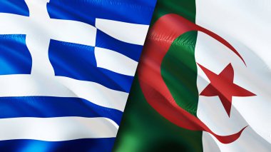Yunanistan ve Cezayir bayrakları. 3 boyutlu dalgalanan bayrak tasarımı. Yunanistan Cezayir bayrağı, resim, duvar kağıdı. Yunanistan, Cezayir 'e karşı, görüntü 3D. Yunanistan Cezayir ilişkileri ittifak ve Ticaret, seyahat, turizm konsepti