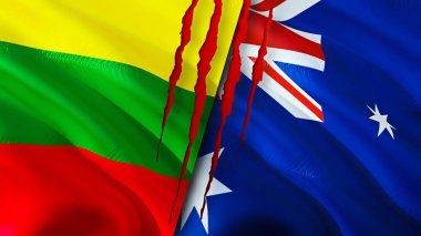 Yara izi olan Litvanya ve Avustralya bayrakları. Dalgalanan bayrak, 3 boyutlu görüntüleme. Litvanya ve Avustralya çatışma konsepti. Litvanya Avustralya ilişkileri kavramı. Litvanya ve Avustralya bayrağı