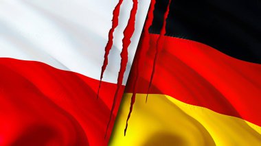 Yara izi olan Polonya ve Almanya bayrakları. Dalgalanan bayrak, 3 boyutlu görüntüleme. Polonya ve Almanya çatışma konsepti. Polonya Almanya ilişkileri kavramı. Polonya ve Almanya bayrağı kriz, savaş, saldırı konsepti