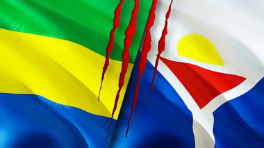 Gabon ve Saint Martin bayrakları yara izi konseptiyle. Dalgalanan bayrak, 3 boyutlu görüntüleme. Gabon ve Saint Martin çatışma konsepti. Gabon Saint Martin ilişkileri kavramı. Gabon bayrağı ve Saint Martin krizi, savaş